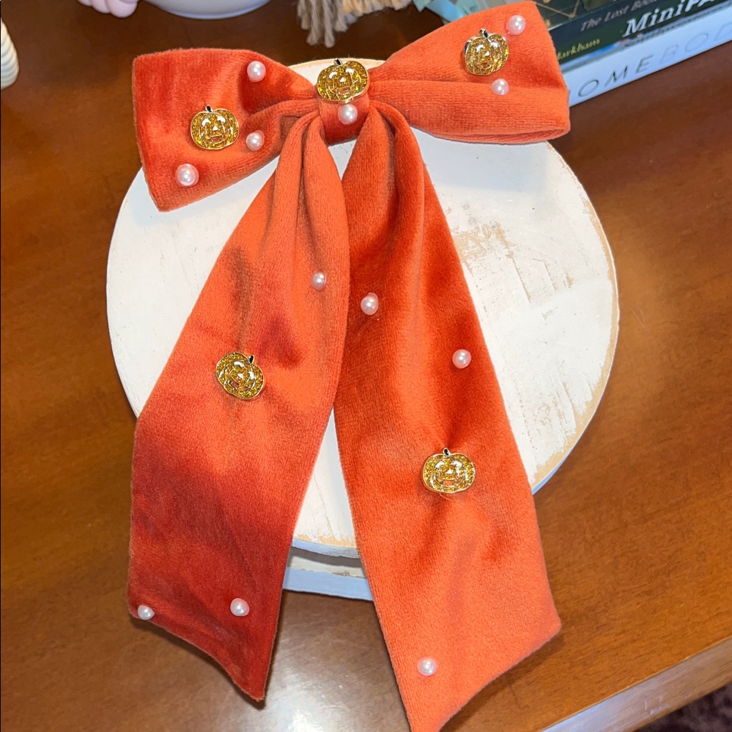 Elegant Orange Velvet Hair Bow With Pearls And Gold Accents